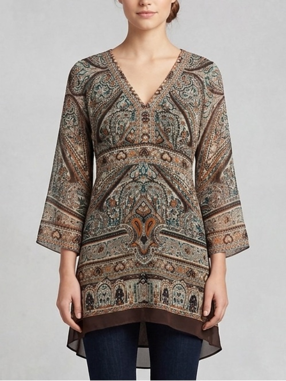INC International Concepts Paisley V-Neck Tunic‎ Top 3/4 Sleeve Shirt Size 10